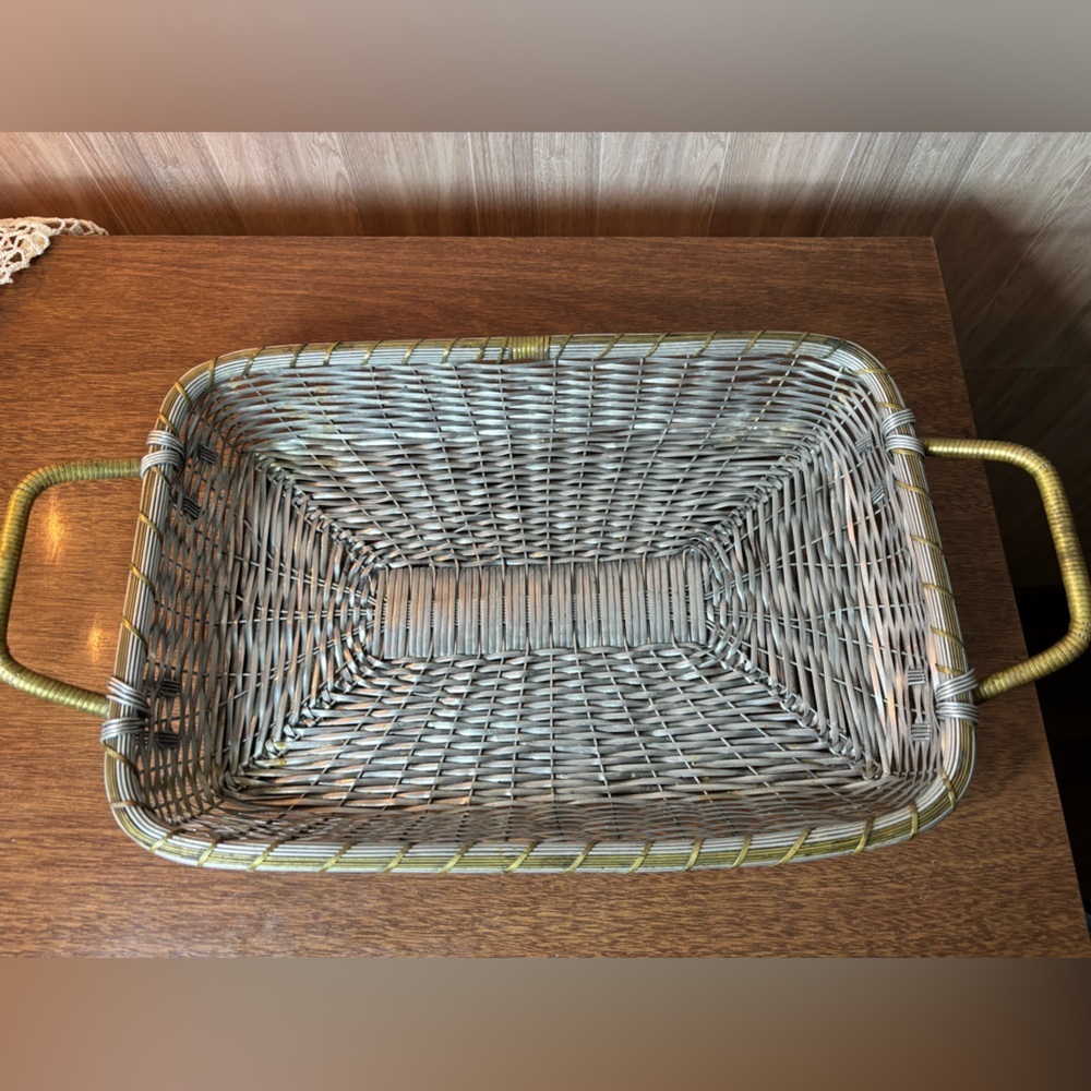 Vintage Aluminum And Brass Gray Woven Rectangular Basket with Brass-Tone Handles